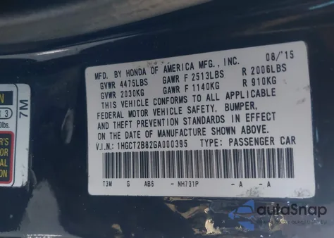 2016 Honda Accord Ex-L V-6 from USA, damaged, VIN 1HGCT2B82GA000395